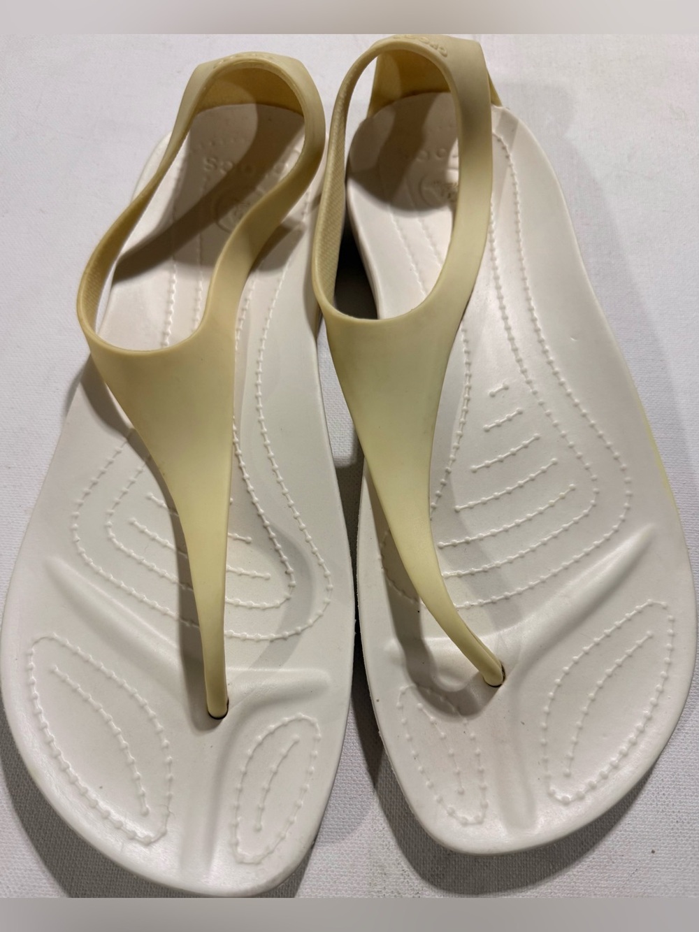 CROCS Sexi Flip Size-9 Women's White Footbed Sandals with Pale Yellow Straps